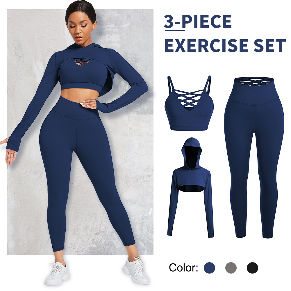 3 Pieces Yoga Fitness Set Gym Workout Cropped Hoodie Active Wear Sport Tracksuit